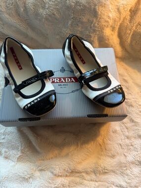 Prada White Canvas Mary Janes with Black Patent Trim